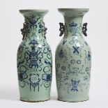 Two Blue and White Celadon-Ground Vases, 19th Century, 十九世纪 青釉地青花'博古图''暗八仙'兽耳大瓶一组两件, height 23 in —