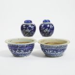 A Pair of Blue and White 'Prunus' Lidded Jars, Together With a Pair of Planters, 19th/Early 20th Cen
