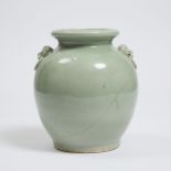 A Pale Celadon Glazed Vase with Moulded Mask Ring Handles, Qing Dynasty, 18th/19th Century, 清中期 豆青釉兽