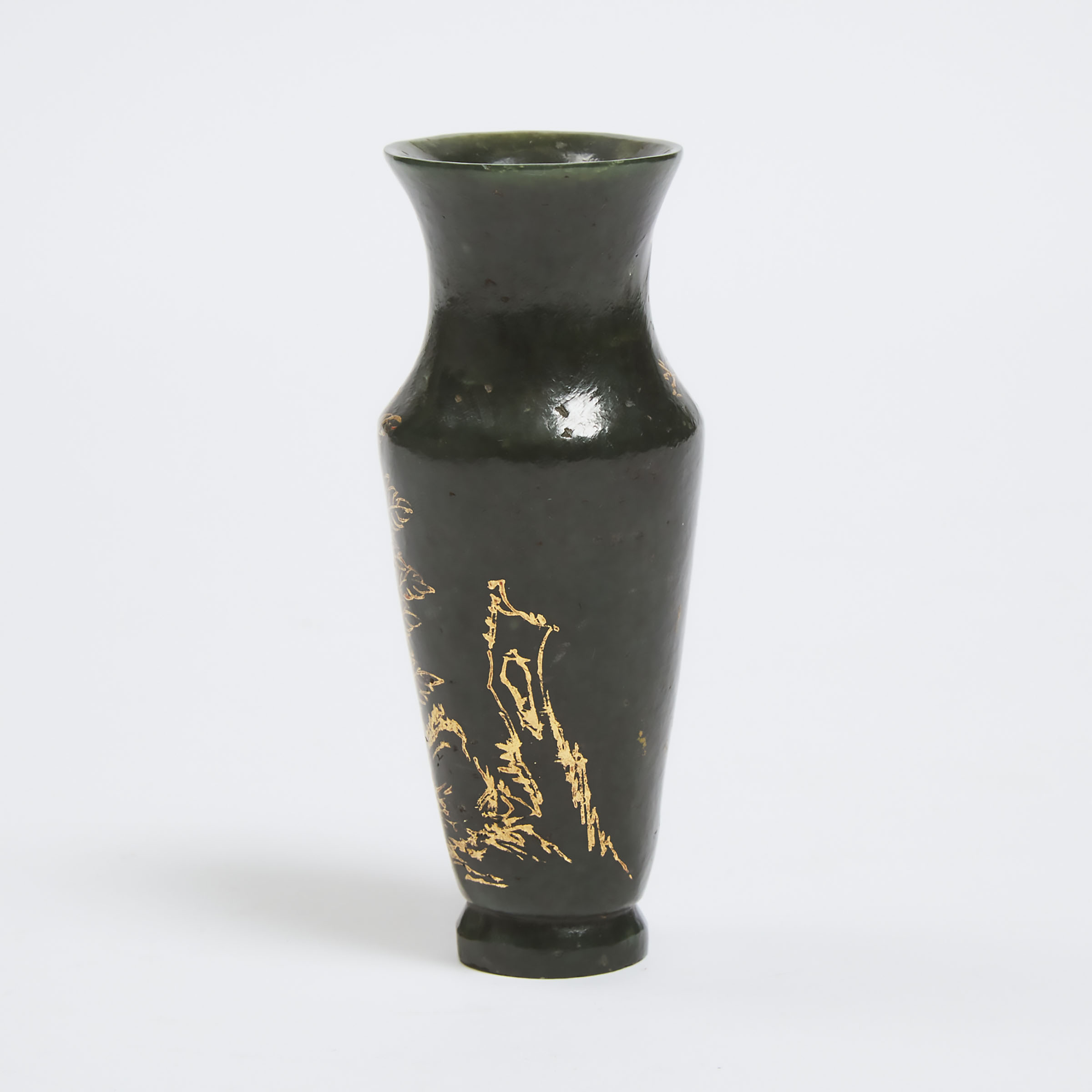 A Gold-Painted Spinach Jade Incense Tool Vase, Qianlong Mark, 19th Century, 清 十九世纪 乾隆款碧玉描金香瓶, height - Image 2 of 5