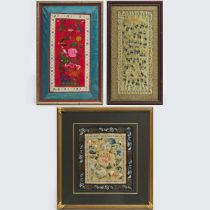 A Group of Three Framed Chinese Embroideries, 19th Century, 清 十九世纪 打籽盘金绣片一组三件, largest frame 27.3 x