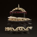 An Ivory 'Landscape' Clam Shell, Together With a Small Tusk-Form Carving and a Dragon Carving, 20th