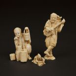 Two Ivory Okimono of a Shamisen Musician and a Merchant, Together With an Antler Netsuke of a Shinto