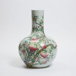 A Large Famille Rose 'Nine Peaches' Vase, Tianqiuping, 19th Century, 清 十九世纪 粉彩九桃纹天球瓶 乾隆款, height 21.