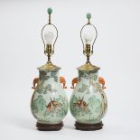 A Pair of Enameled 'Deer and Crane' Hu-Form Vase Lamps, Republican Period, 民国 粉彩象耳尊一对, overall heigh