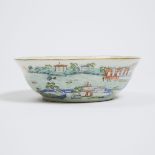 A Famille Rose 'Landscape' Shallow Bowl, Huazhou Chunxiao Mark, Early Republican Period, 民国早期 粉彩山水图碗