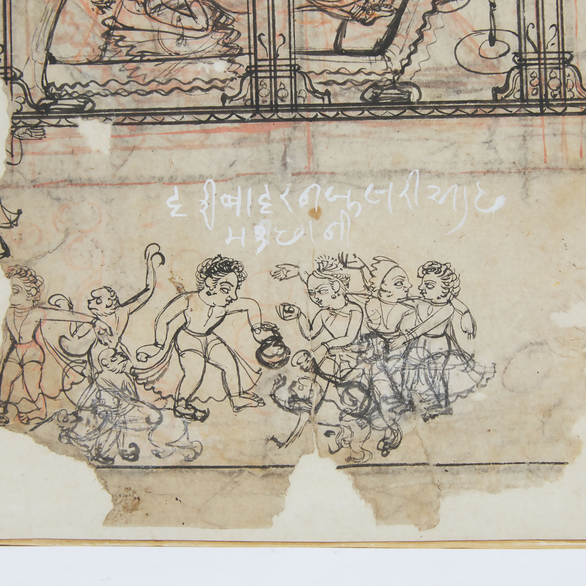 A Large Indian Drawing of Krishna Gamboling in a Palace, 18th Century, 15.7 x 9.2 in — 40 x 23.3 cm - Image 3 of 3