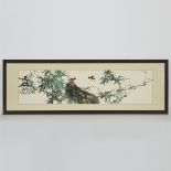 Chinese School, Two Birds and Bamboo, 20th Century, 二十世纪 花鸟 设色纸本 镜框, image 13.6 x 53.9 in — 34.5 x 1