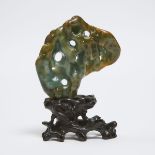 A Small Jadeite 'Scholar's Rock', Qing Dynasty, 19th Century, 晚清 翡翠赏石, including stand height 5.7 in