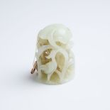 A Pale Celadon Jade Carved 'Egret and Lotus' Finial, 青白玉雕'春水'炉顶, height 2.5 in — 6.35 cm