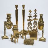 A Group of Thirteen Chinese Brass Candlesticks, Vases, and Other Wares, Early to Mid 20th Century, 民