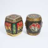 Two Chinese Painted and Lacquered Wood Barrel-Form Stools, 19th/Early 20th Century, 晚清/民国 金漆木加彩人物纹鼓墩