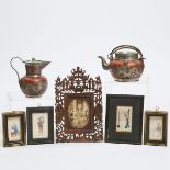 Four Chinese Pith Paintings, Together With Two Metal-Mounted Yixing Teapots and a Carved Wood Frame,