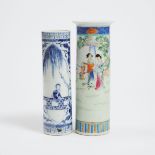 Two Porcelain 'Figural' Beaker Vases, Republican Period, 民国 青花及粉彩人物纹直筒瓶一组两件, tallest height 9.8 in —