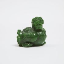 A Spinach Jade Carving of a Bixie, Qianlong Qingwan Mark, 碧玉雕辟邪摆件, 2.2 in — 5.5 cm, length 22.4 in —