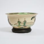 A Famille Verte Biscuit Moulded Bowl, Kangxi Mark and Possibly of the Period, 康熙款 素三彩模印人物故事纹碗, heigh