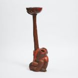 A Large Japanese Red Lacquered Wood Candlestick in the Form of a Monkey, height 26.8 in — 68 cm