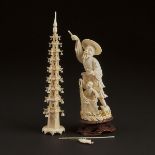 A Carved Ivory Fisherman Group, Together With a Pagoda, 牙雕渔夫置物及塔一组两件, pagoda height 11.4 in — 29 cm