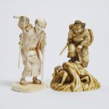 Two Fine Ivory Okimono of Shoki Hunting Oni and an Old Man and Child, Meiji Period (1868-1912), heig