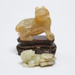 An Agate Carving of a Tiger, Together With a White and Russet Jade Carving of a Mythical Beast, Repu