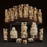 A Group of Nine Chinese Ivory Carvings, Early to Mid 20th Century, 中国牙雕摆件一组九件, tallest including sta