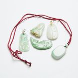 A Group of Five Jadeite Pendants, Early to Mid 20th Century, 民国 翡翠雕挂坠一组五件, largest length 1.8 in — 4