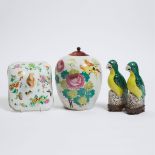 An Enameled 'Bird and Calligraphy' Jar and Cover, Together With a Pair of Famille Verte Parrots and