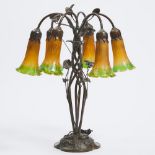 Tiffany Style Six Light Lily Form Table Lamp, 20th century, height 20.25 in — 51.4 cm