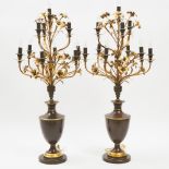 Large Pair of Contemporary French Gilt and Patinated Bronze Banquet Candelabras, height 50 in — 127