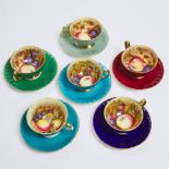 Six Aynsley 'Orchard Gold' Harlequin Coloured Cups and Saucers, D. Jones, 20th century, saucer diame