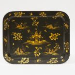 Regency Chinoiserie Decorated Black Lacquer Tea Tray, early 19th century, 20.3 x 25.75 in — 51.5 x 6