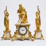 Three Piece French Figural Gilt Bronze and Marble Clock Garniture, c.1880 (3 Pieces)