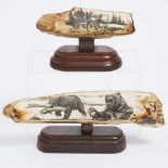 Two Scrimshawed Fossilised ivory Walrus Tusks, 20th century, longest length 10.2 in — 25.9 cm (2 Pie