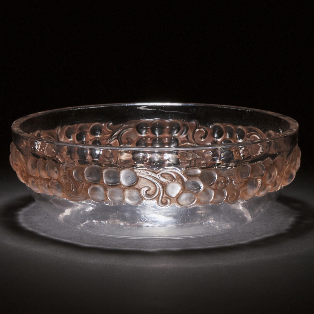 'Marienthal', Lalique Moulded Glass Fruit Bowl, 1930s, height 3.5 in — 9 cm, diameter 10.8 in — 27.5