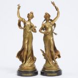 Pair of French Gilt Bronze Figures Titled 'Pax' and 'La Terre', after Moreau, mid 19th century