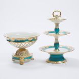 Paris Porcelain Pierced Comport and Three-Tier Cake Stand, 19th century, comport height 7.2 in — 18.