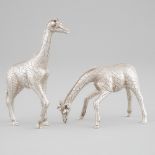 Two English Silver Models of Giraffes, Asprey & Co., London, 1997, height 5.8 in — 14.8 cm; height