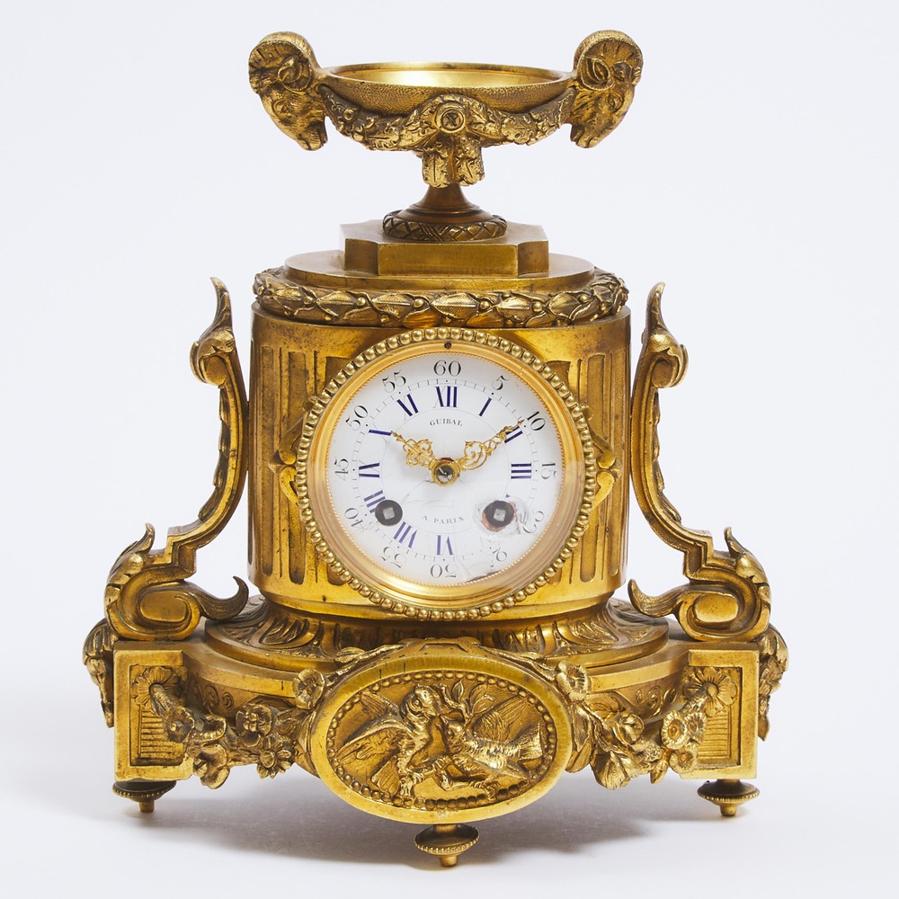 Small French Gilt Bronze Mantle Clock, Guibal a Paris, mid 19th century, height 10.75 in — 27.3 cm