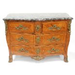 French Ormolu Mounted Rosewood Parquetry Inlaid Serpentine Front Commode, early 19th century, 34.5 x