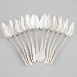 Twelve George III Irish Silver Bright-Cut Dessert Spoons, John Shiels, Dublin, 1793, length 6.7 in —