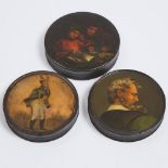 Three English Painted Lacquer Round Snuff Boxes, early 19th century