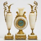 Three Piece French Aesthetic Movement Gilt Bronze and Onyx Clock Garniture, c.1890, height 18.7 in —