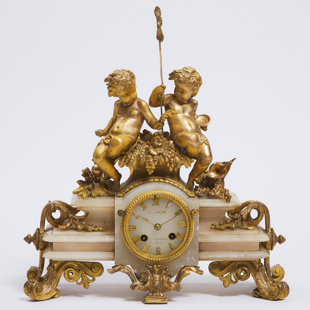 French Gilt Bronze and Alabaster Mantle Clock, mid 19th century, 15.25 x 14 in — 38.7 x 35.6 cm