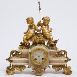 French Gilt Bronze and Alabaster Mantle Clock, mid 19th century, 15.25 x 14 in — 38.7 x 35.6 cm