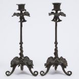 Pair of Naturalistic Movement Patinated Bronze Candlesticks, After Antoine-Louis Barye (French 1796-