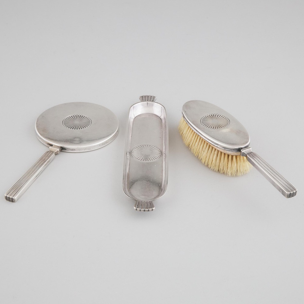 Danish Silver Mounted Hand Mirror, Hair Brush and Tray, #278, Sigvard Bernadotte for Georg Jensen, C