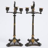 Pair of Etruscan Revival Parcel Gilt Patinated Bronze Candelabra, c.1870, height 15.5 in — 39.4 cm