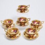 Six Aynsley 'Orchard Gold' Cups and Saucers, N. Brunt, 20th century, saucer diameter 5.8 in — 14.7 c