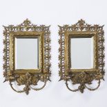 Pair of Renaissance Revival Lacquered Brass Two Light Mirrored Wall Sconces, late 19th century, 18.7