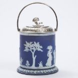 Wedgwood Blue Jasper-Dip Biscuit Barrel, c.1900, height 9.5 in — 24.2 cm